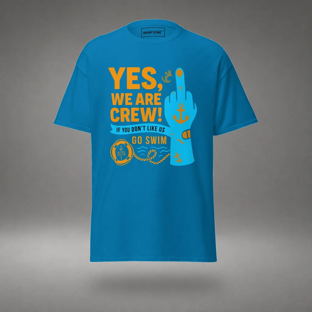 Middle Finger Crew T-Shirt in Sapphire, front view, floating over a gray studio floor.