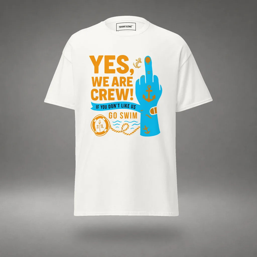 Middle Finger Crew T-Shirt in White, front view, floating over a gray studio floor.