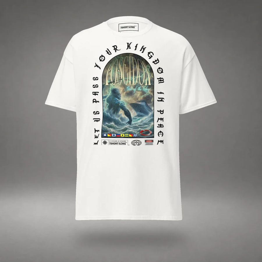 Modern Poseidon Cruise Ship T-Shirt in White, front view, floating over a gray studio floor.