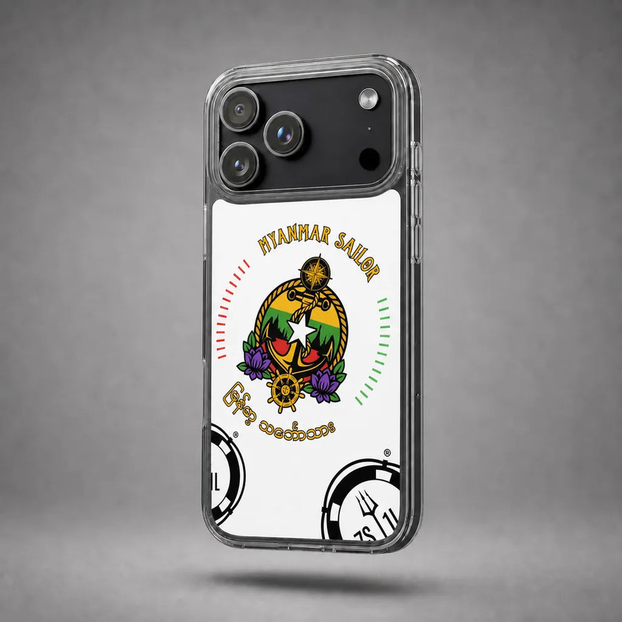 Clear Myanmar Sailor iPhone case with anchor artwork and Myanmar colors, floating above a grey studio floor with a soft shadow.