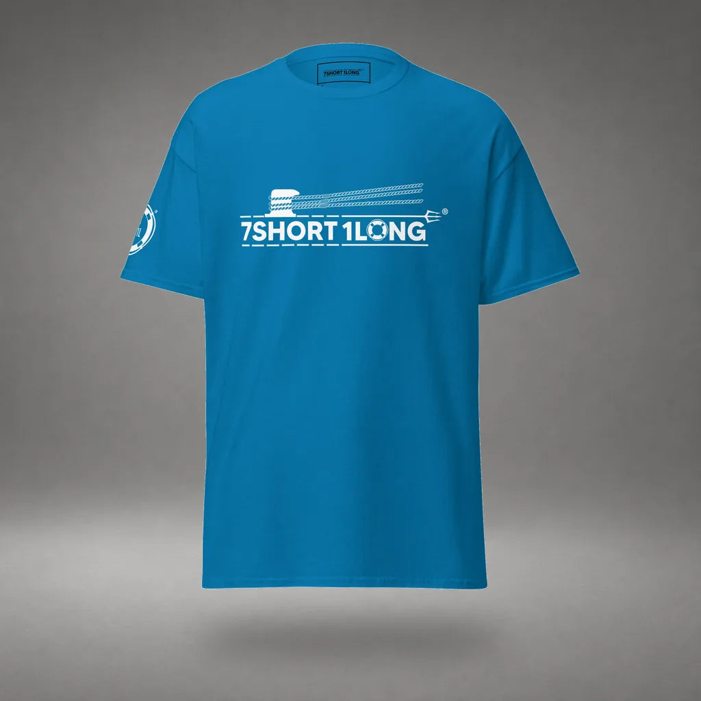 Nautical Deck Hand T-Shirt in Sapphire, front view, floating over a gray studio floor.