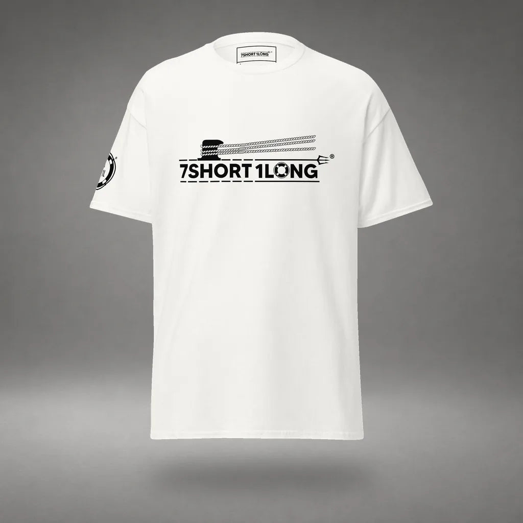 Nautical Deck Hand T-Shirt in White, front view, floating over a gray studio floor.