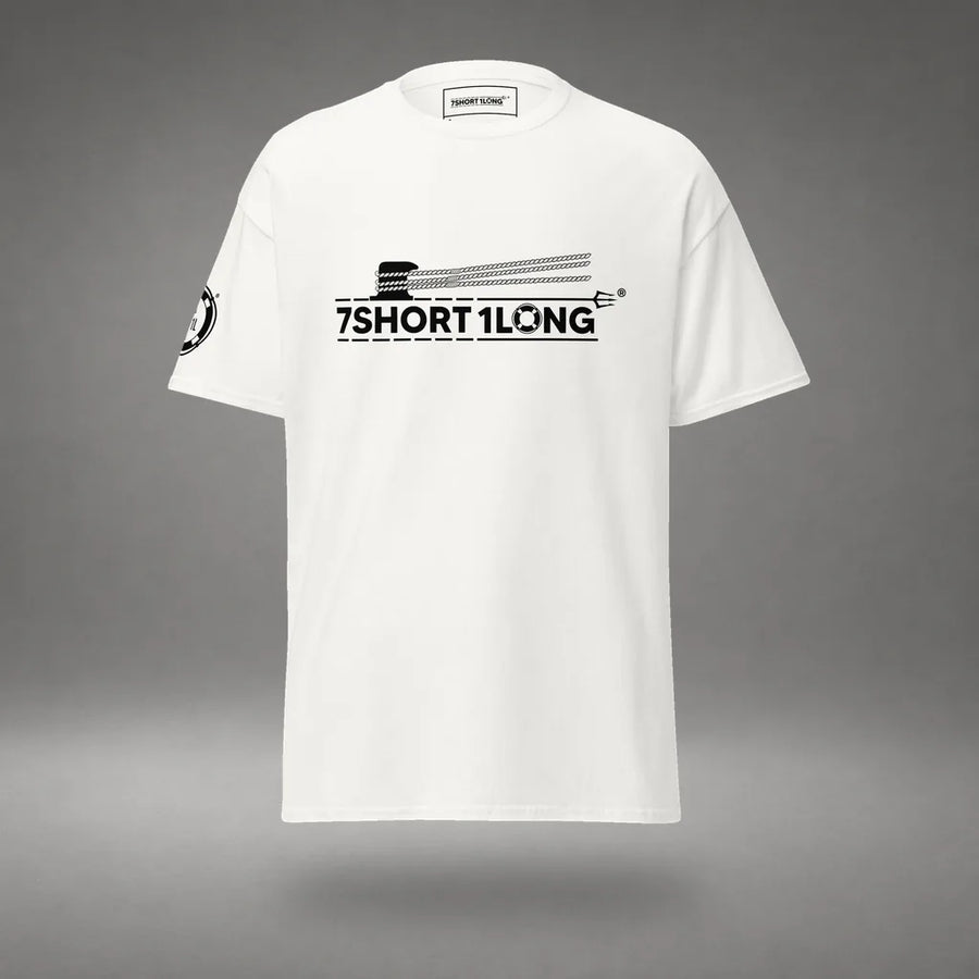 Nautical Deck Hand T-Shirt in White, front view, floating over a gray studio floor.