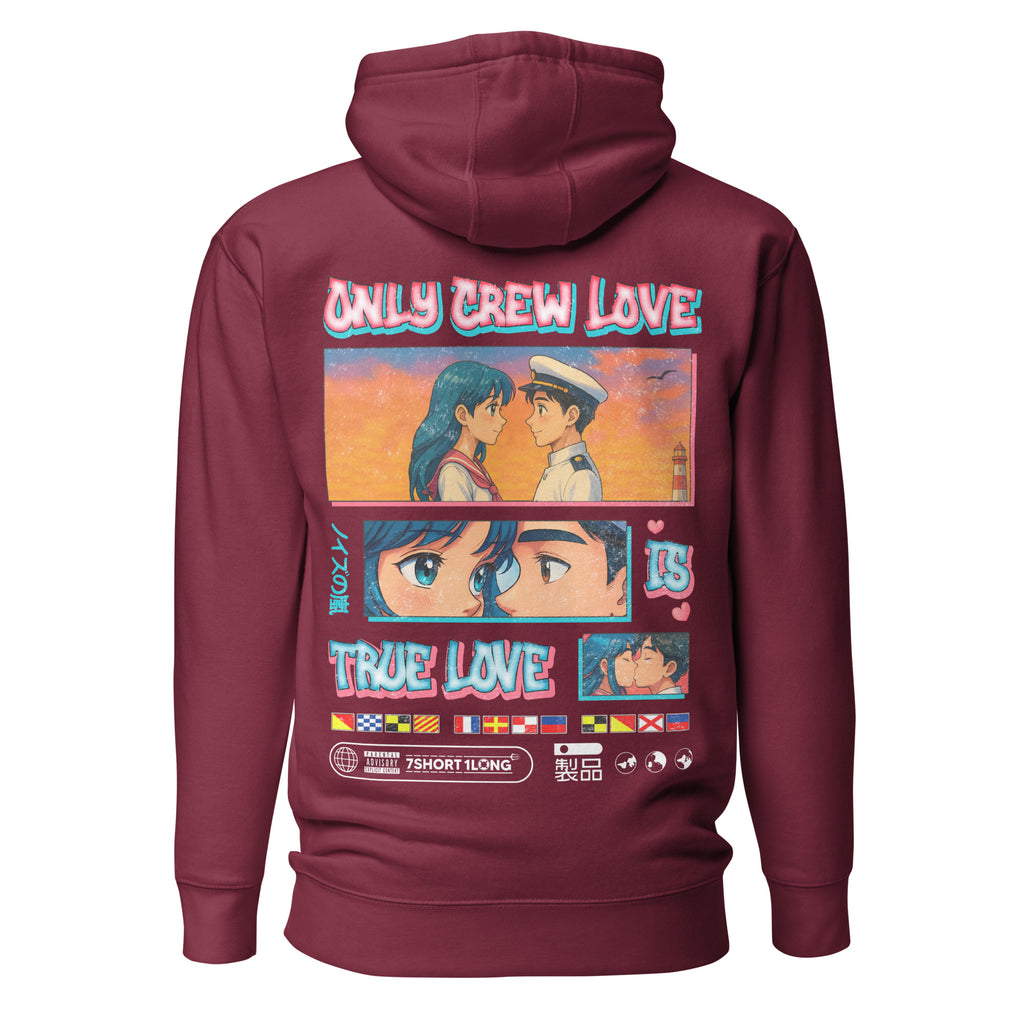 Nautical-themed anime love hoodie by 7SHORT1LONG® featuring a sailor and heart design, casual and comfortable apparel.