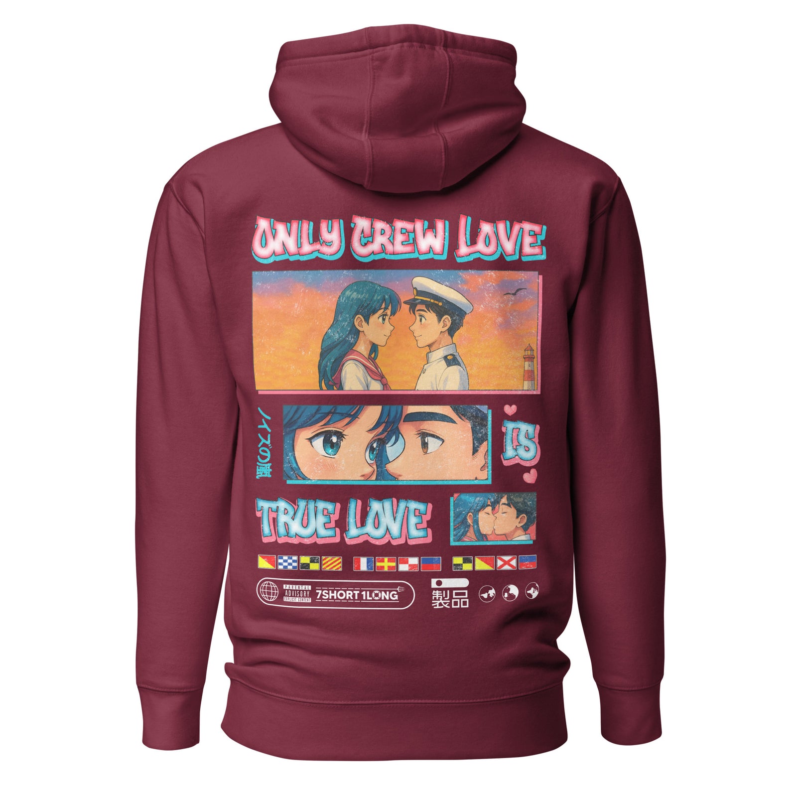 Nautical-themed anime love hoodie by 7SHORT1LONG® featuring a sailor and heart design, casual and comfortable apparel.