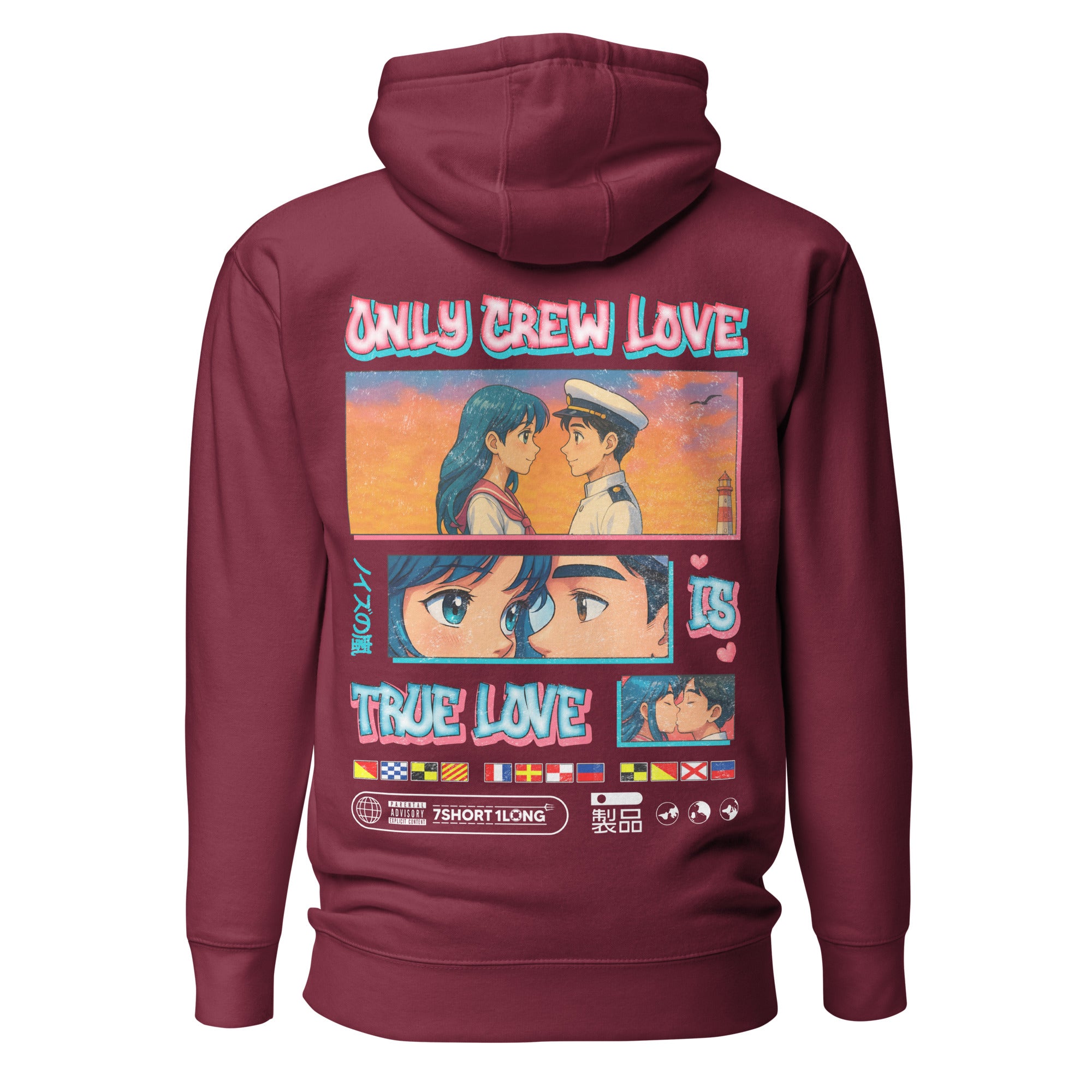 Nautical-themed anime love hoodie by 7SHORT1LONG® featuring a sailor and heart design, casual and comfortable apparel.