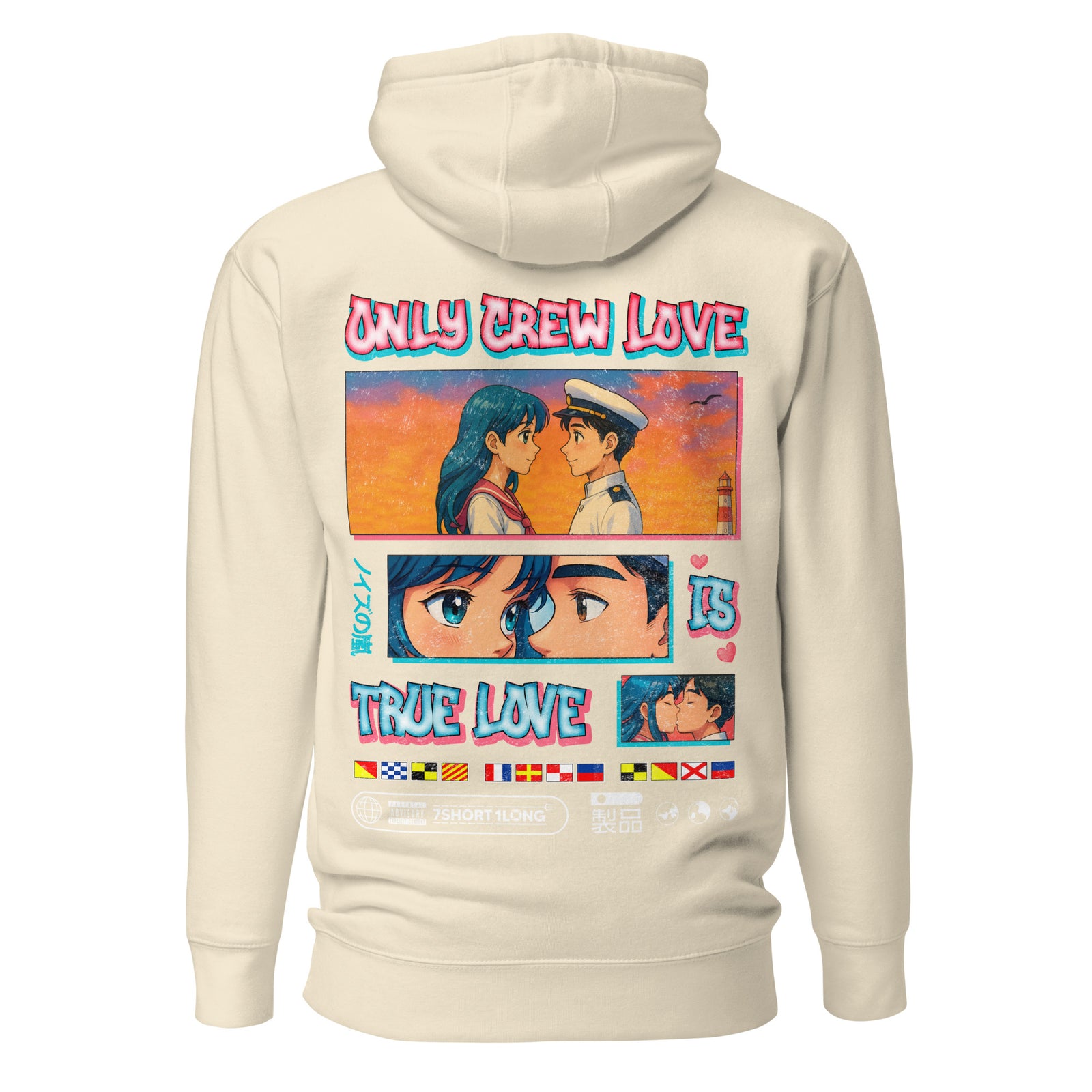 Seafarer Anime Crew Love Is True Love Hoodie by 7SHORT1LONG® featuring nautical and romantic anime-inspired design.