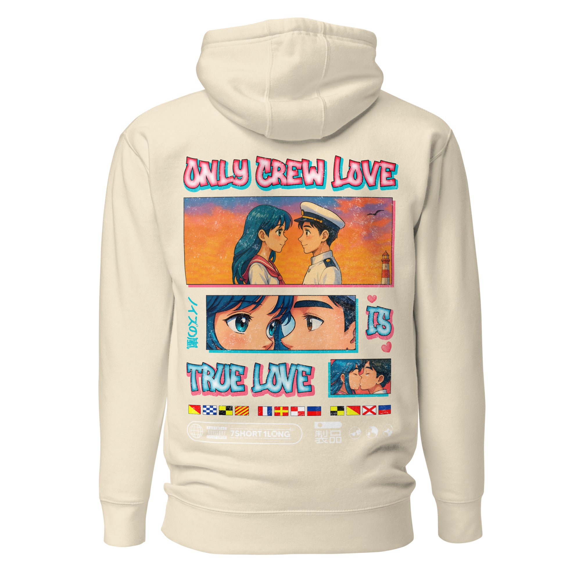 Seafarer Anime Crew Love Is True Love Hoodie by 7SHORT1LONG® featuring nautical and romantic anime-inspired design.