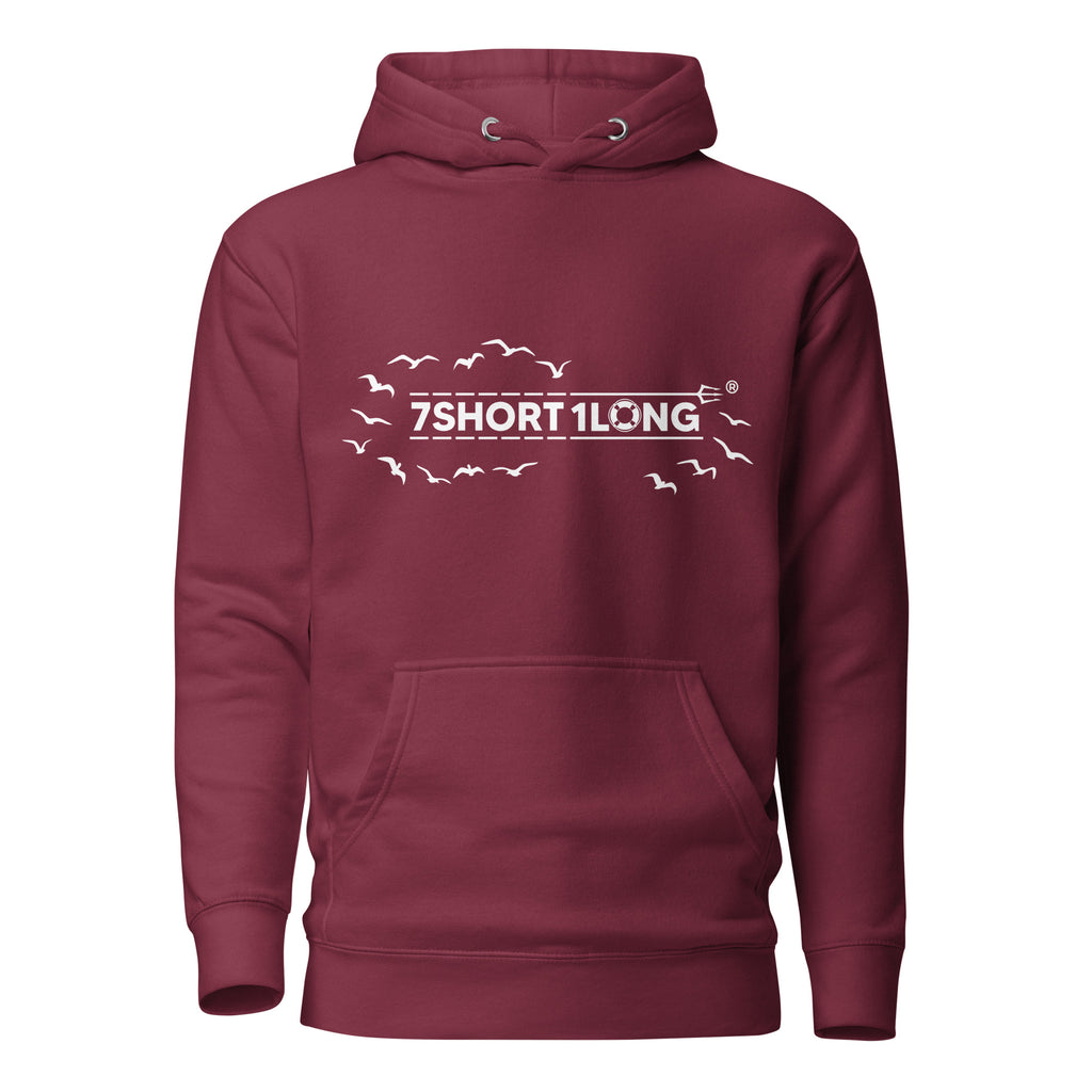 Open Ocean Maritime Hoodie by 7SHORT1LONG® featuring nautical seagull print on a cozy maritime-themed hoodie.
