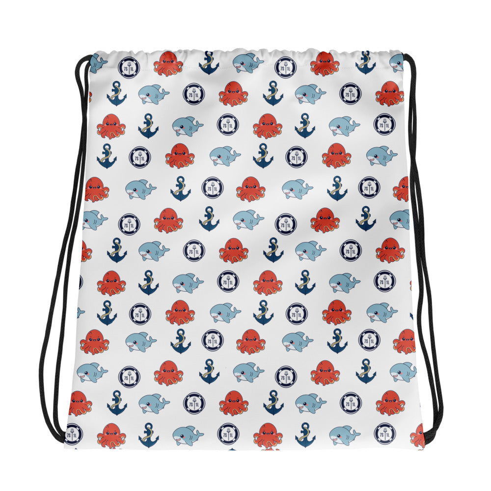 Drawstring bag with nautical pattern featuring octopuses, anchors, and whales on a white background. Main image