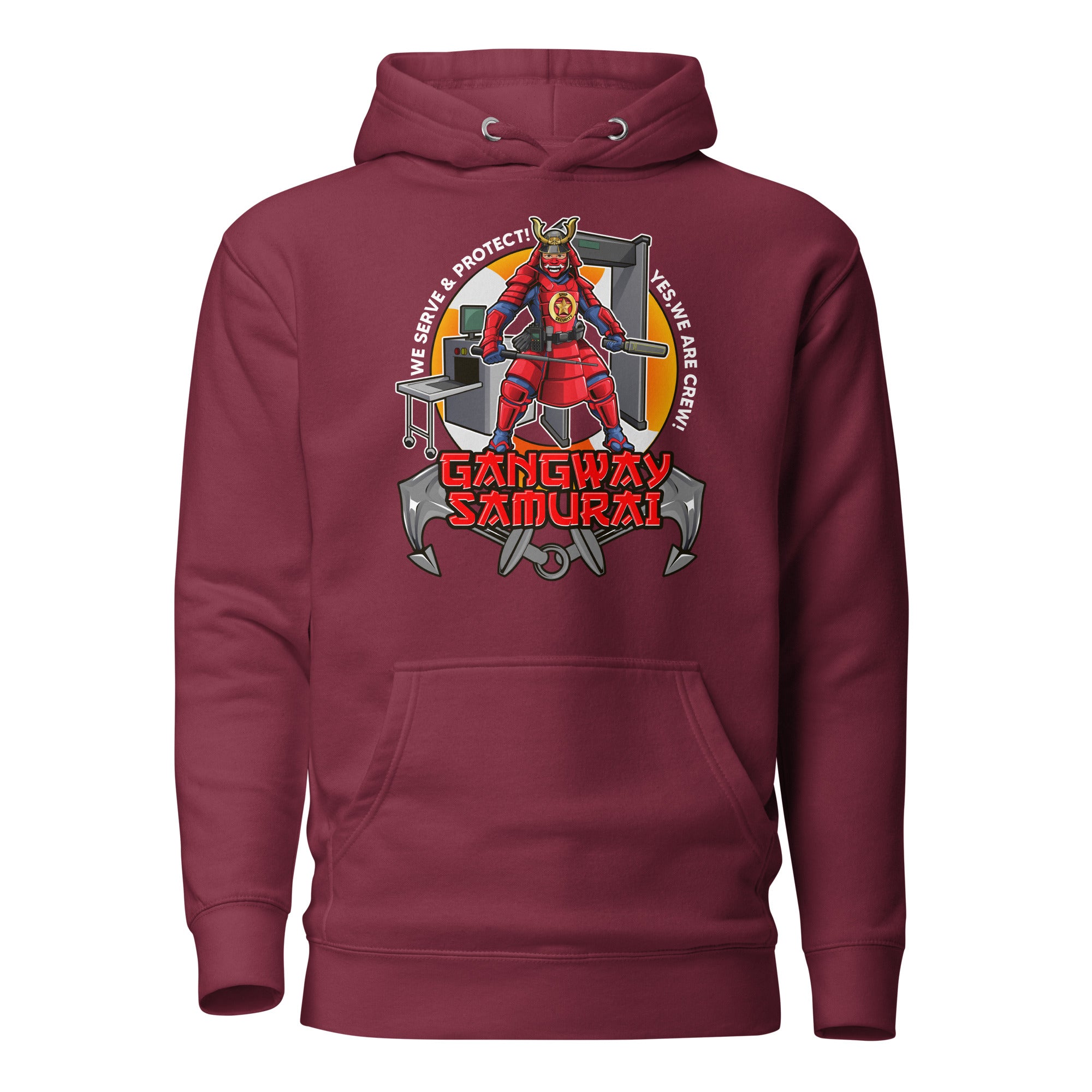 7SHORT1LONG® Gangway Samurai Ship Security Hoodie featuring a bold samurai design on a navy blue hoodie for maritime security.