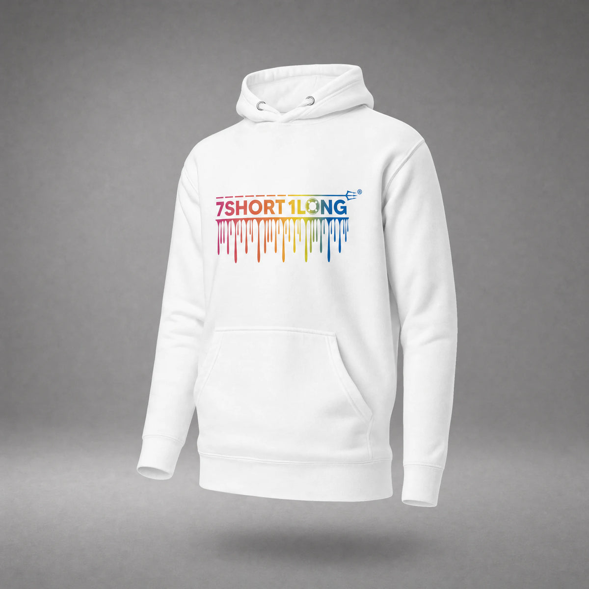 White One Ocean hoodie turned slightly to the right, the rainbow drip wordmark across the chest above the kangaroo pocket.