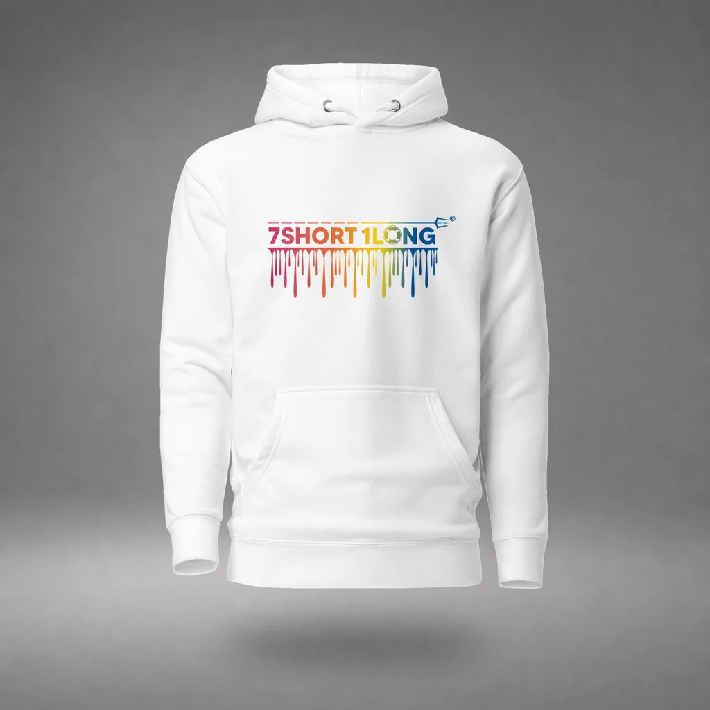 One Ocean Maritime Hoodie in White, front view, floating over a gray studio floor.