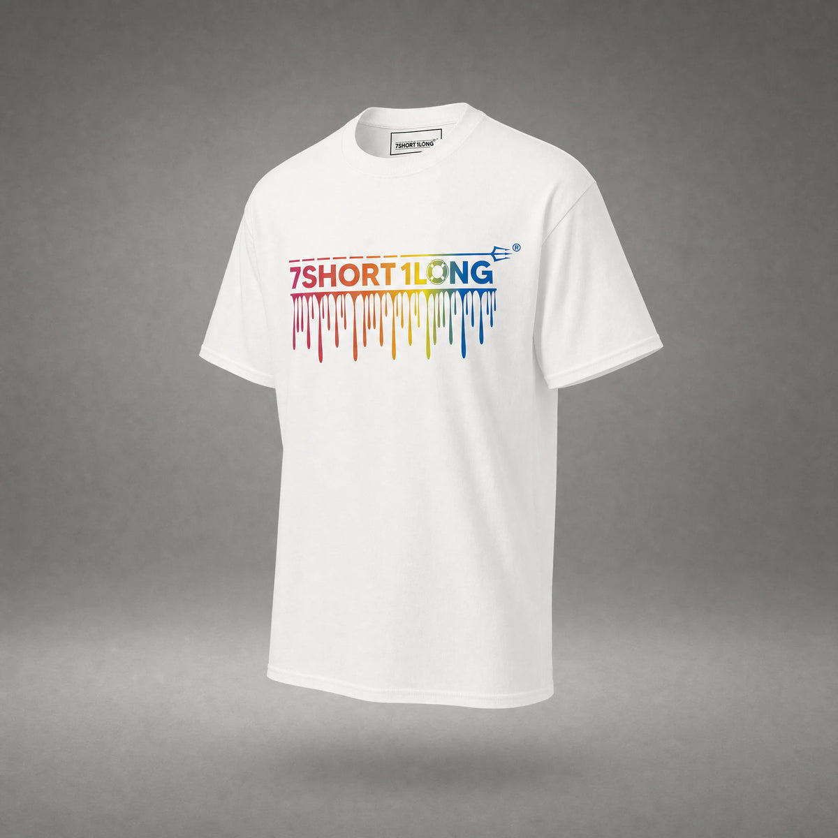 White One Sea One Crew T-shirt at a three-quarter angle, with the rainbow drip 7SHORT1LONG wordmark across the chest.