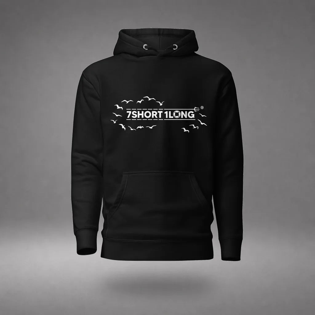 Open Ocean Maritime Hoodie in Black, featured product view, floating over a gray studio floor.
