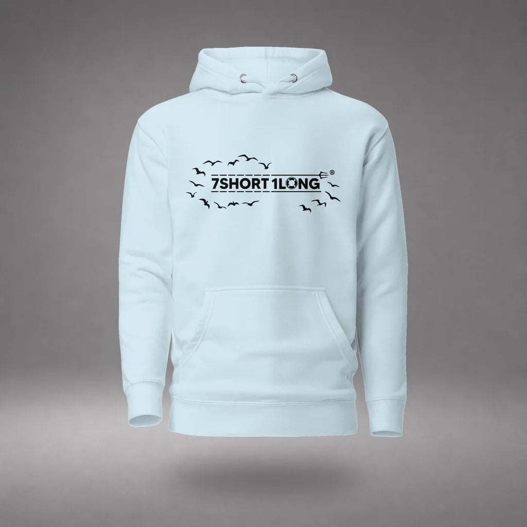 Open Ocean Maritime Hoodie in Sky Blue, front view, floating over a gray studio floor.