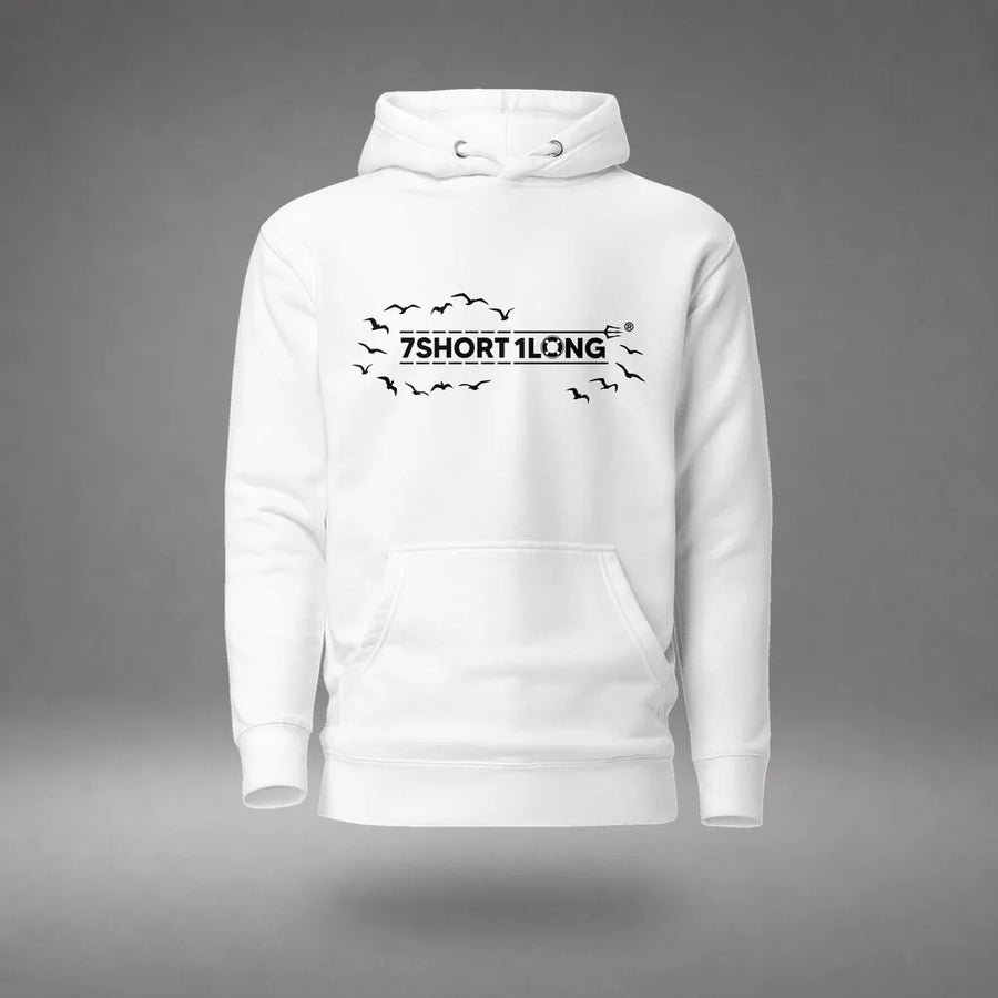 Open Ocean Maritime Hoodie in White, featured product view, floating over a gray studio floor.