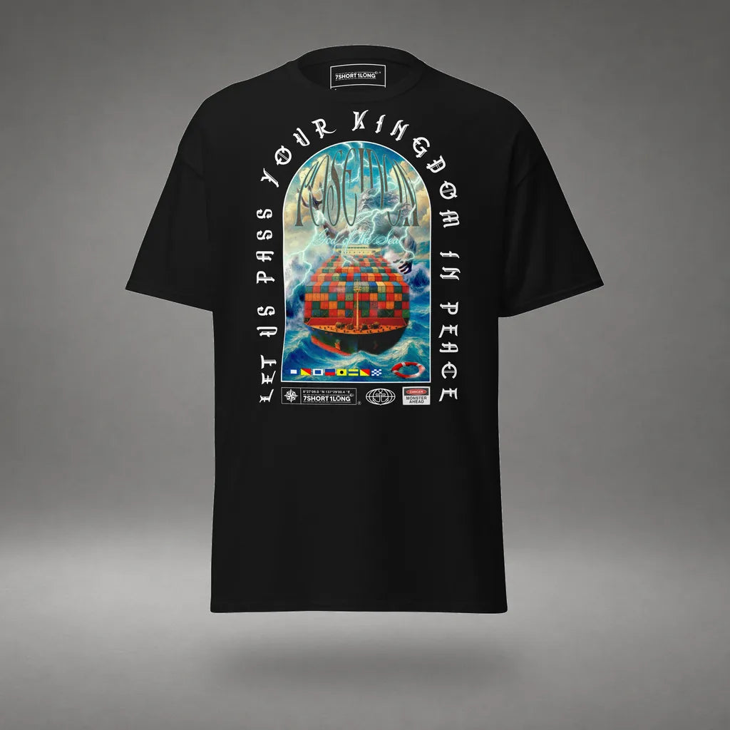 Poseidon Judgment Container Ship T-Shirt in Black, front view, floating over a gray studio floor.