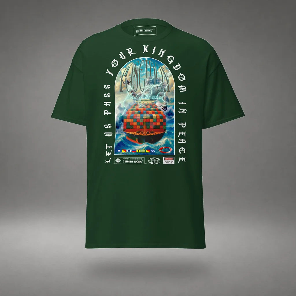 Poseidon Judgment Container Ship T-Shirt in Forest Green, front view, floating over a gray studio floor.