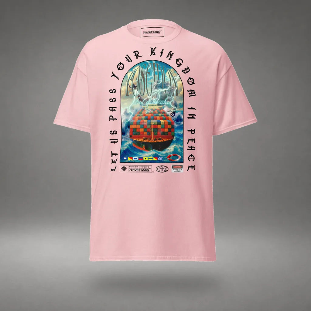 Poseidon Judgment Container Ship T-Shirt in Light Pink, front view, floating over a gray studio floor.