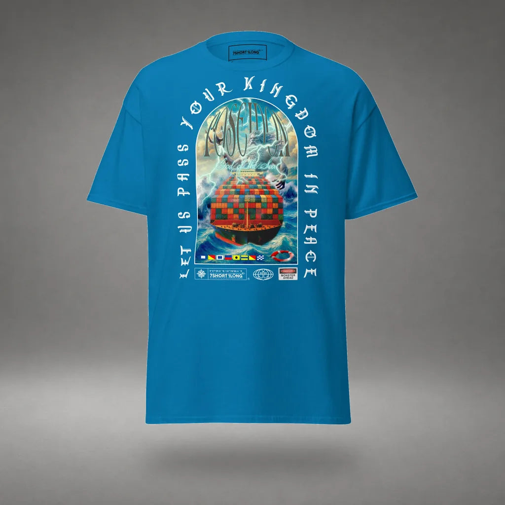 Poseidon Judgment Container Ship T-Shirt in Sapphire, front view, floating over a gray studio floor.