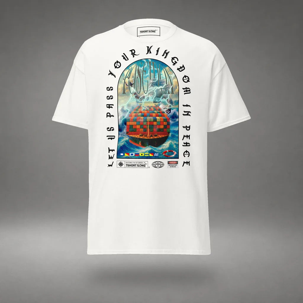Poseidon Judgment Container Ship T-Shirt in White, front view, floating over a gray studio floor.