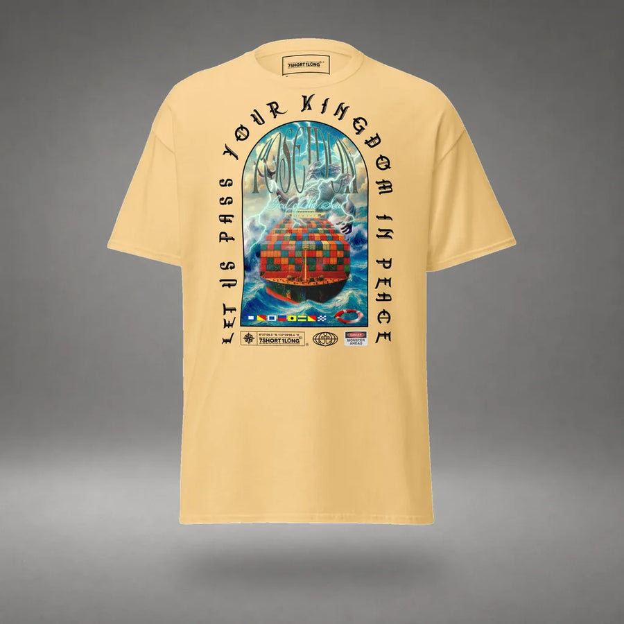 Poseidon Judgment Container Ship T-Shirt in Yellow Haze, front view, floating over a gray studio floor.