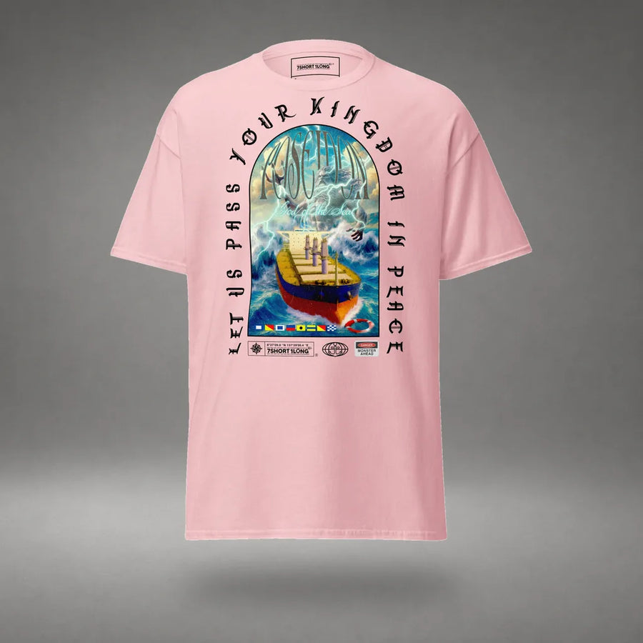 Poseidon T-Shirt Greek God Bulk Carrier Design in Light Pink, front view, floating over a gray studio floor.