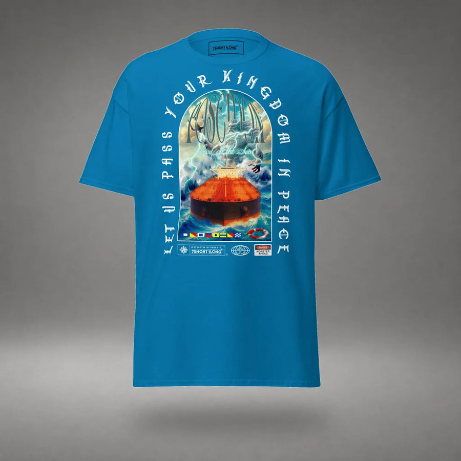 Poseidon Tanker Ship T-Shirt in Sapphire, front view, floating over a gray studio floor.