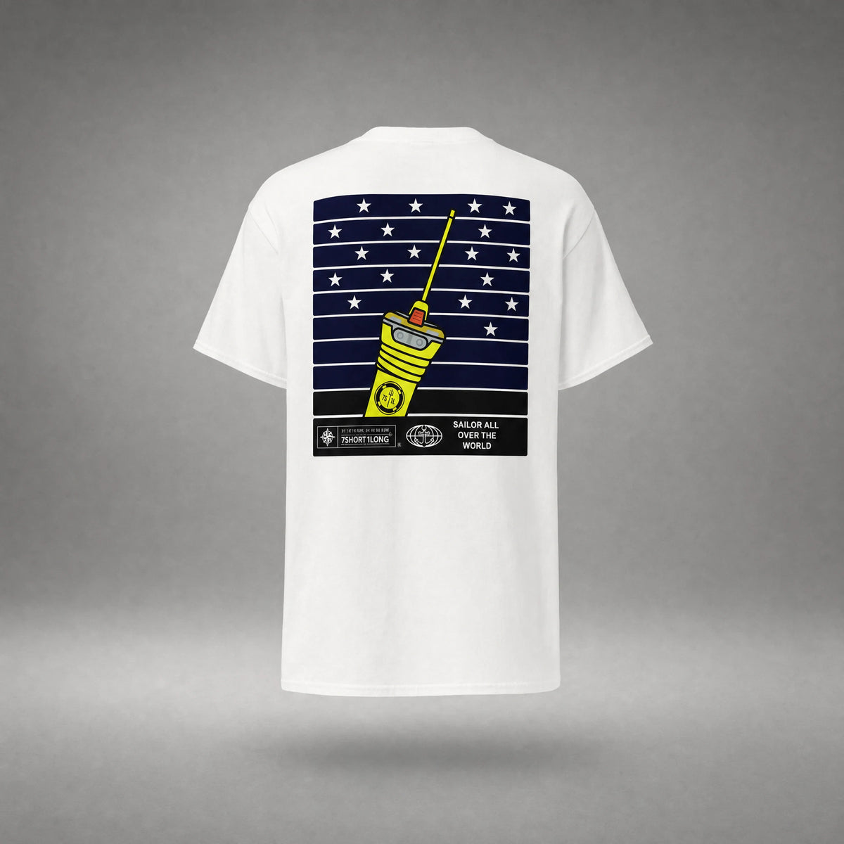 Back print of the white Safety at Sea T-shirt, a yellow EPIRB beacon with its antenna raised against navy stripes and stars.