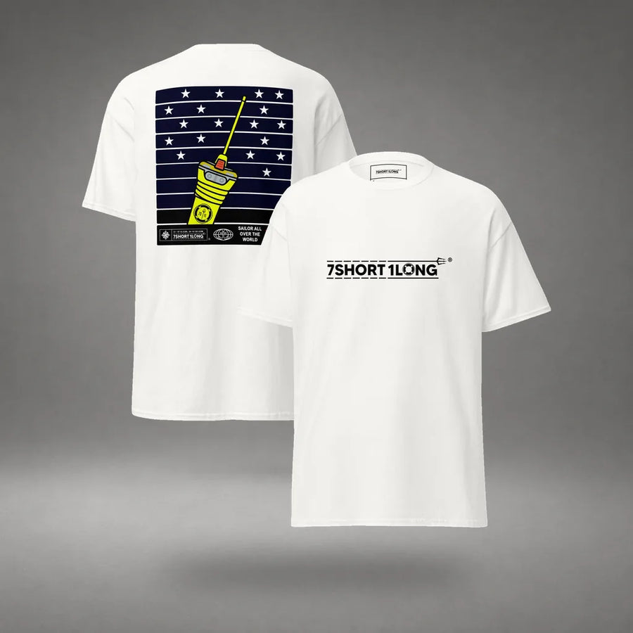 Safety at Sea Nautical T-Shirt EPIRB Emergency Signal Design in White, front and back view, floating over a gray studio floor.