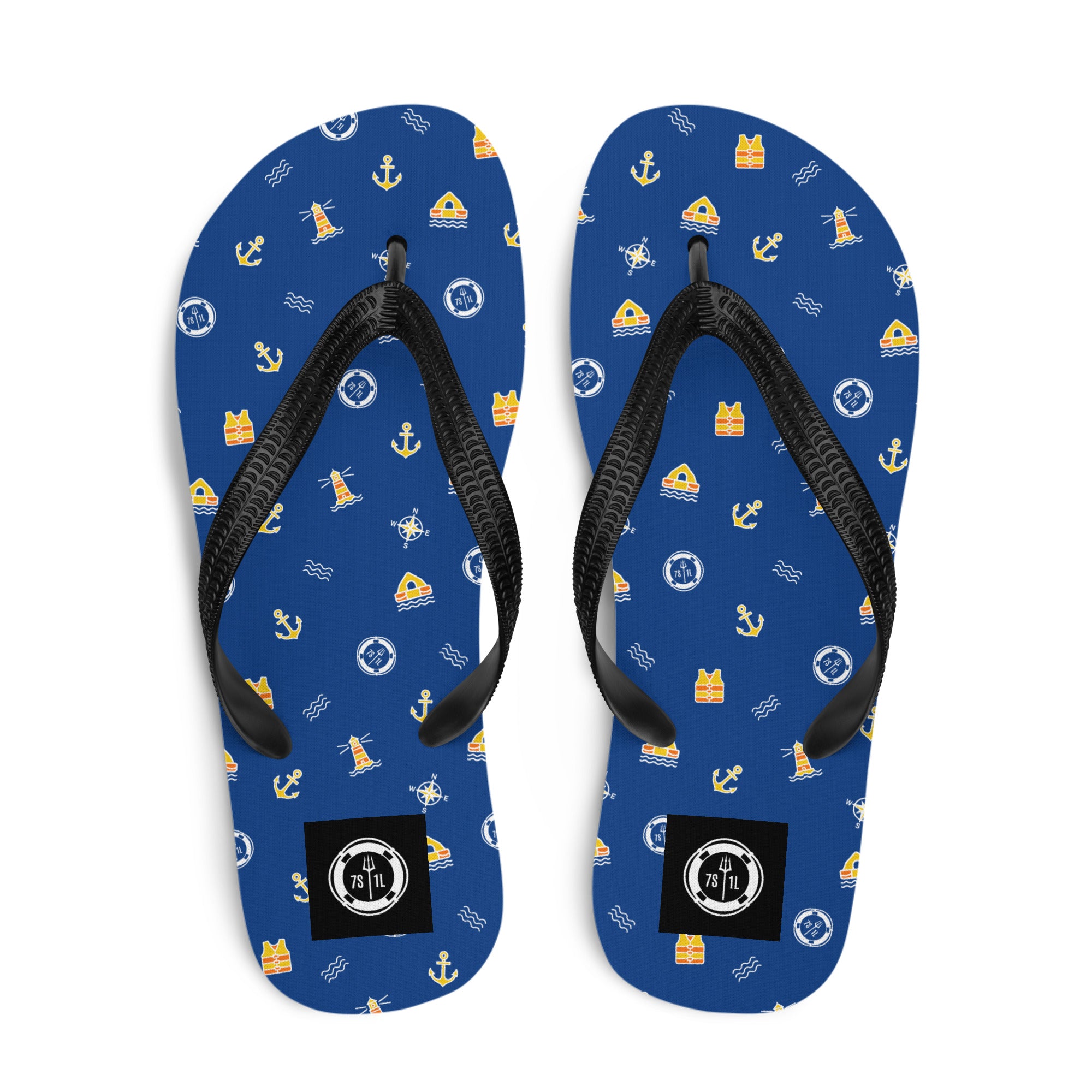 Blue flip-flops with nautical pattern and black straps on a white background Main image