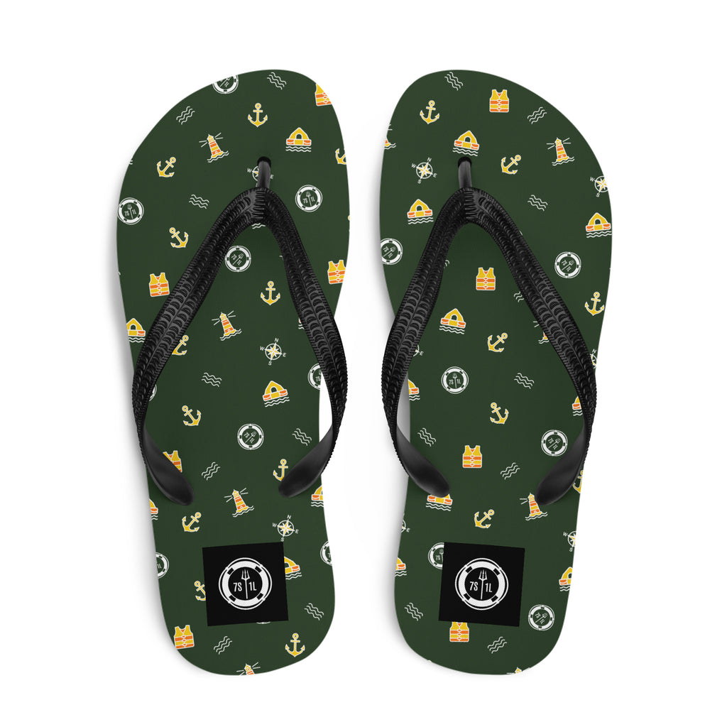7SHORT1LONG® cruise ship nautical flip flops with ocean pattern and safety symbols, featuring liferaft design on the straps.