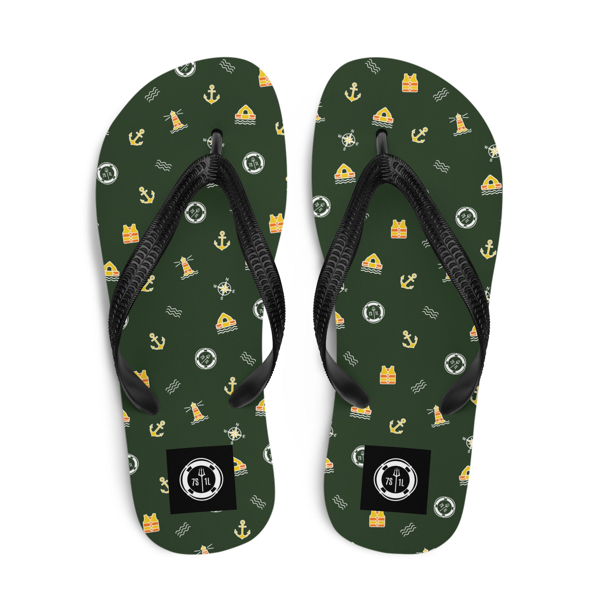 7SHORT1LONG® cruise ship nautical flip flops with ocean pattern and safety symbols, featuring liferaft design on the straps.
