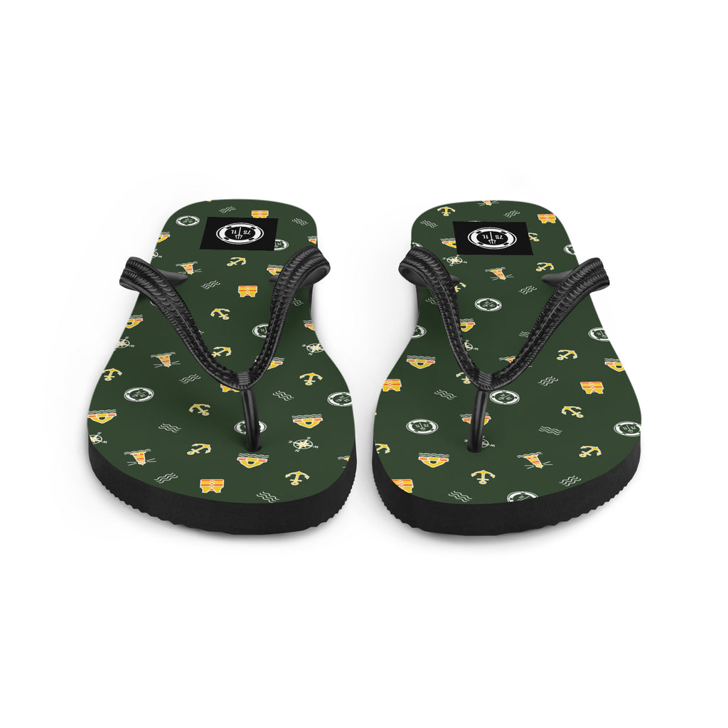 7SHORT1LONG® cruise ship nautical flip flops with ocean pattern and safety at sea symbols, featuring liferaft design.