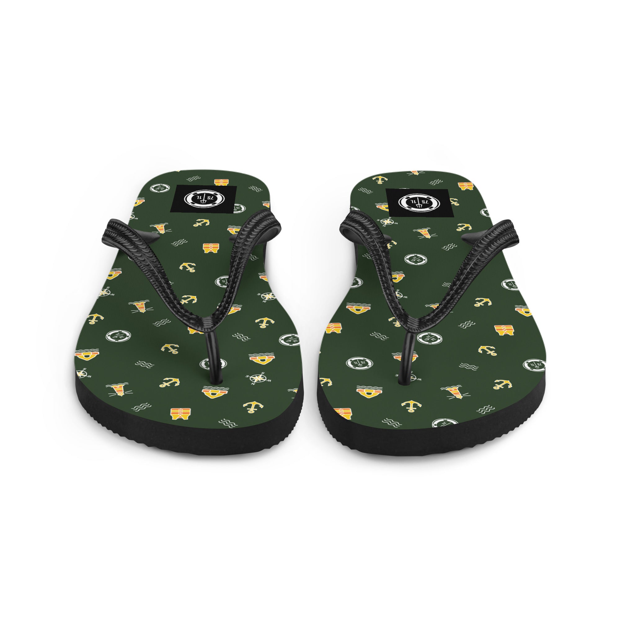 7SHORT1LONG® cruise ship nautical flip flops with ocean pattern and safety at sea symbols, featuring liferaft design.