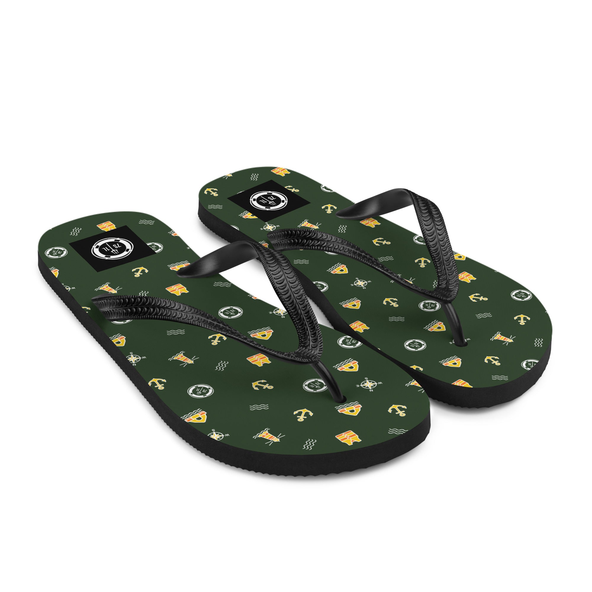 7SHORT1LONG® cruise ship nautical flip flops with ocean pattern, featuring safety at sea symbols and liferaft design.