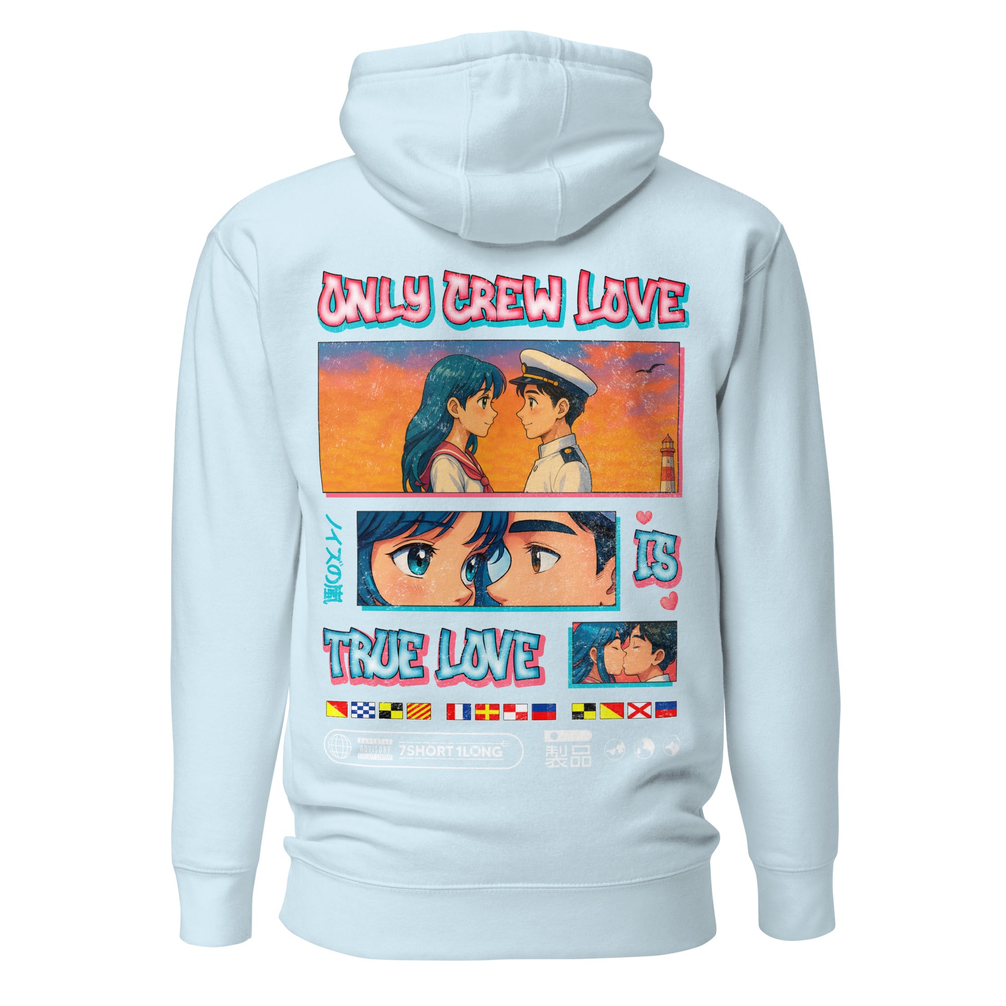 Seafarer Anime Crew Love Is True Love Hoodie by 7SHORT1LONG®, featuring a sailor-themed anime design on a cozy hoodie.