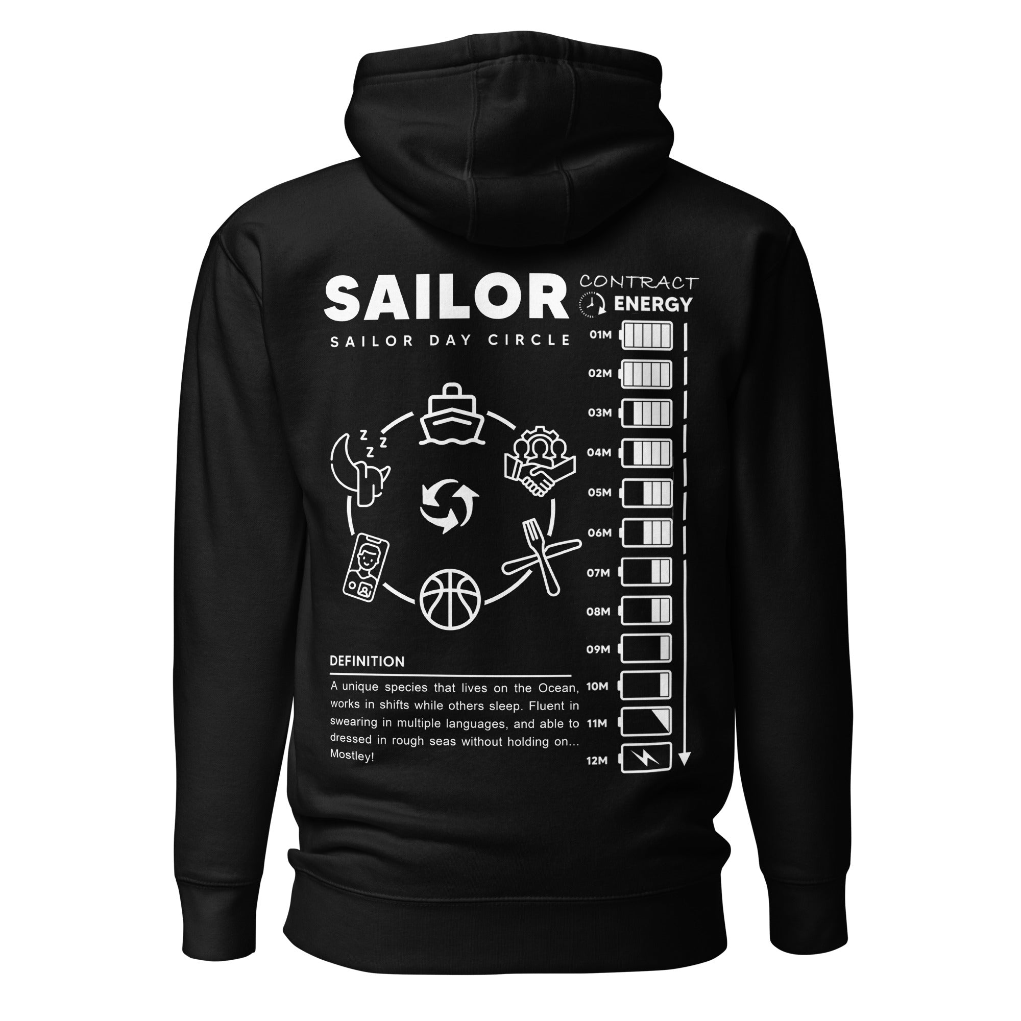 Seafarer Daily Life Hoodie by 7SHORT1LONG® featuring a comfortable navy blue sailor-inspired hoodie with nautical design details.