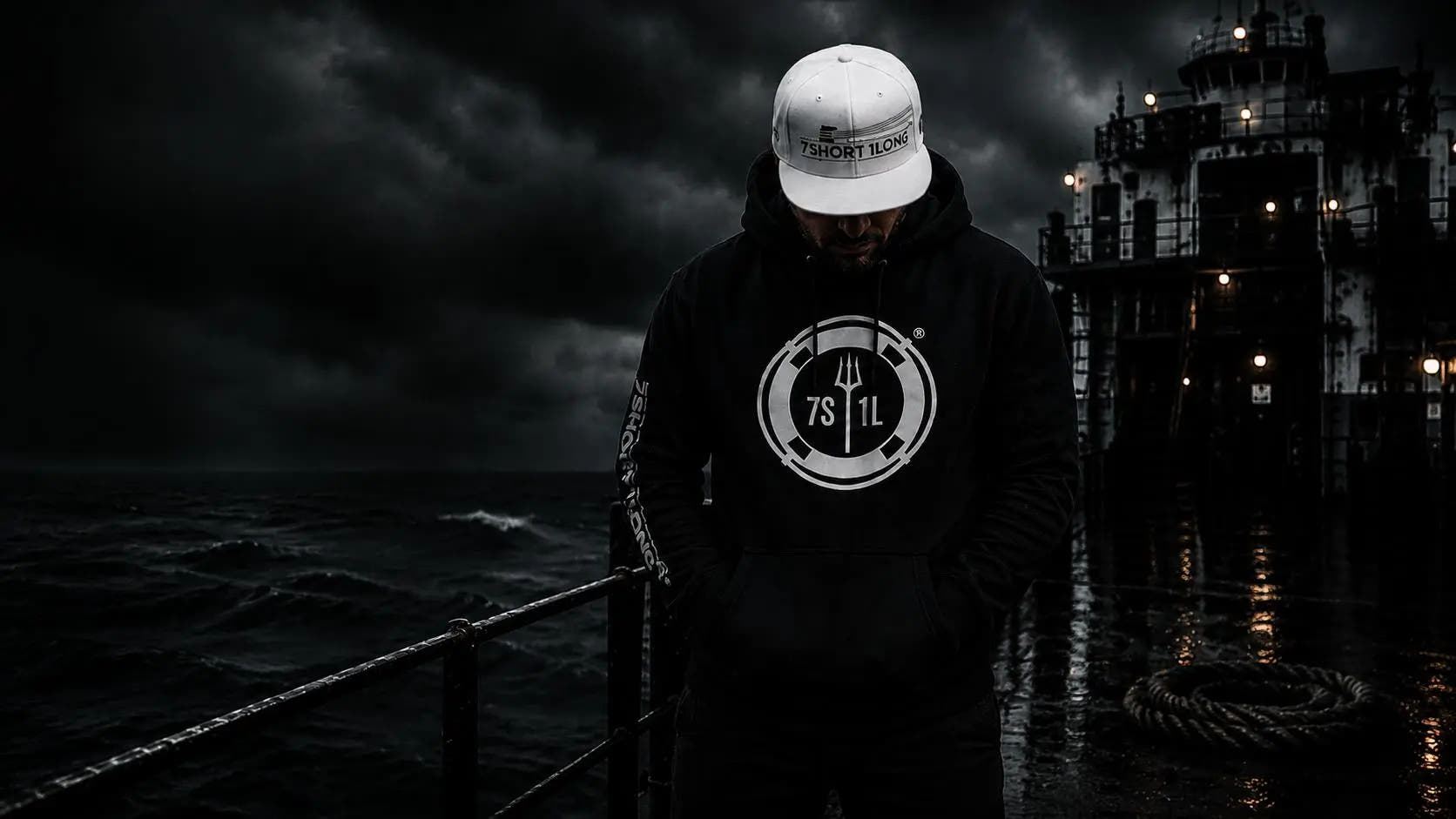 Seafarer wearing 7SHORT1LONG hoodie and cap on a working ship at night