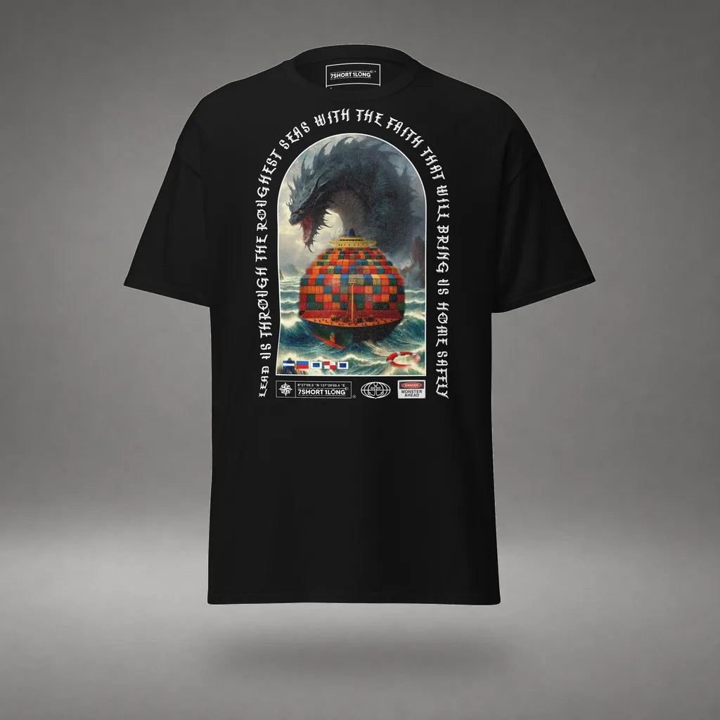 Sea Monster Container Ship Attack T-Shirt in Black, front view, floating over a gray studio floor.