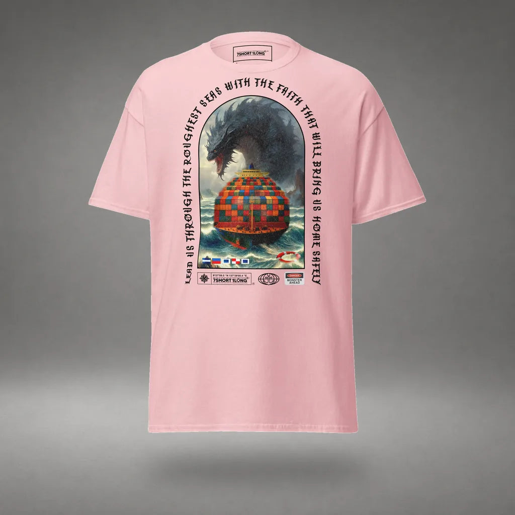 Sea Monster Container Ship Attack T-Shirt in Light Pink, front view, floating over a gray studio floor.
