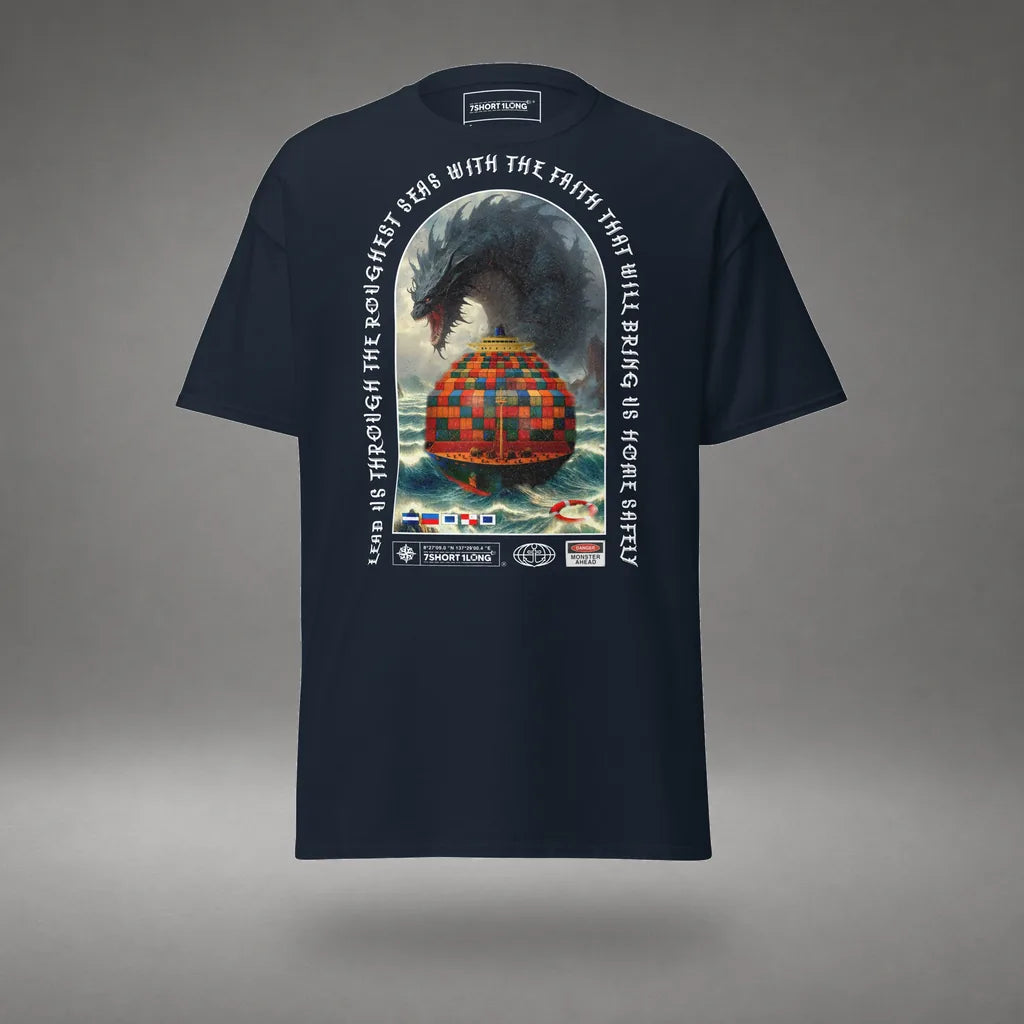 Sea Monster Container Ship Attack T-Shirt in Navy, front view, floating over a gray studio floor.