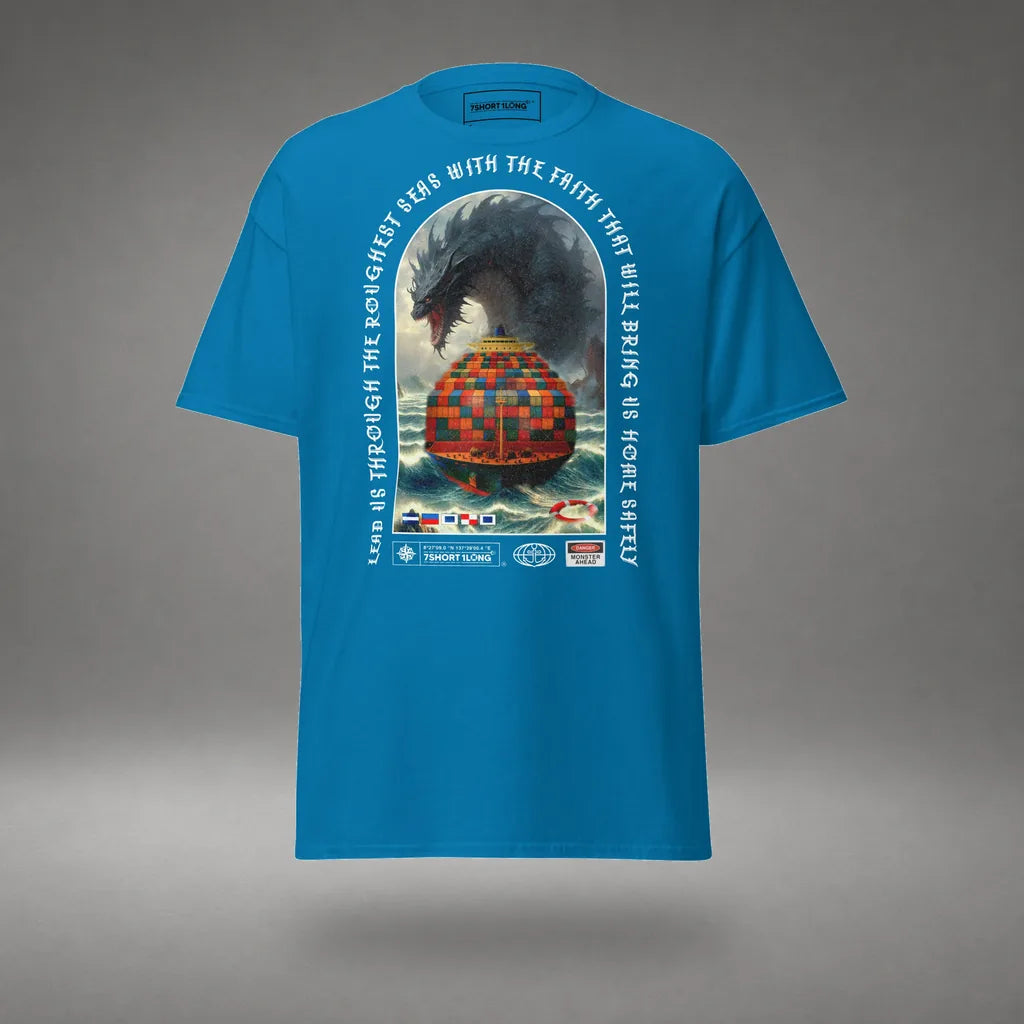 Sea Monster Container Ship Attack T-Shirt in Sapphire, front view, floating over a gray studio floor.