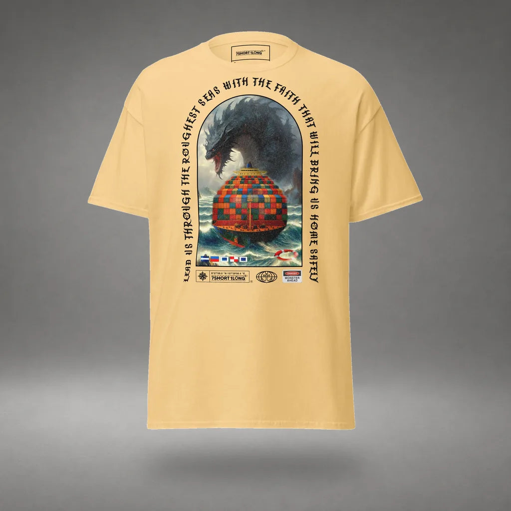 Sea Monster Container Ship Attack T-Shirt in Yellow Haze, front view, floating over a gray studio floor.