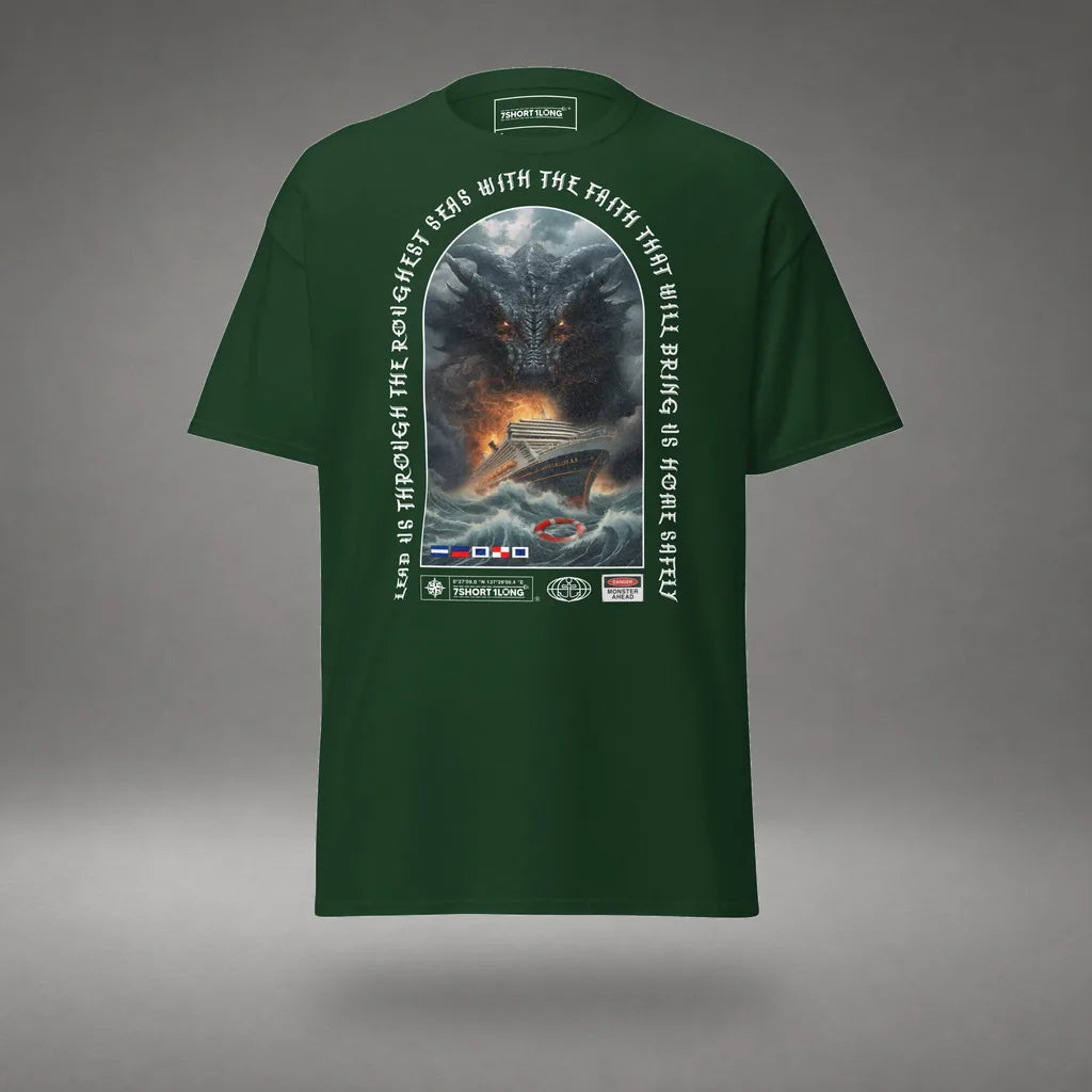 Sea Monster Cruise Ship Attack T-Shirt in Forest Green, front view, floating over a gray studio floor.