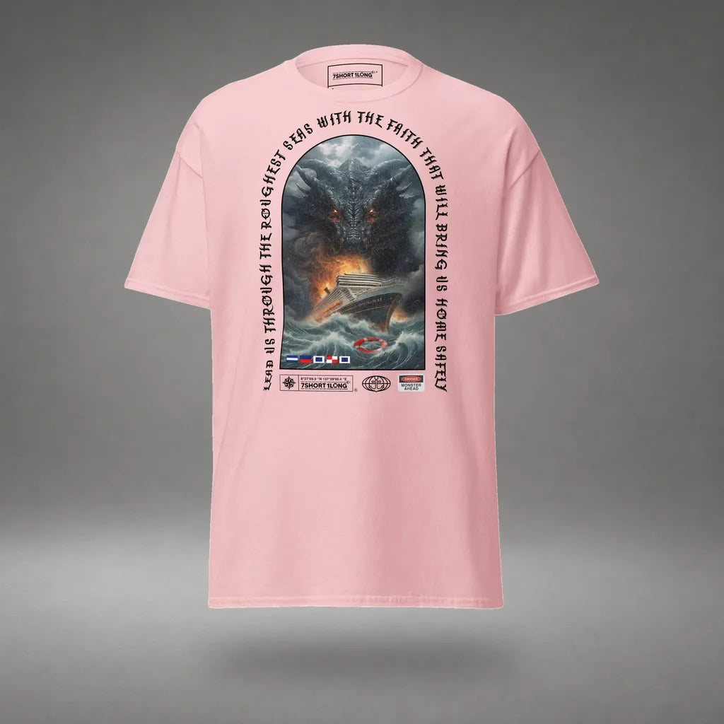 Sea Monster Cruise Ship Attack T-Shirt in Light Pink, front view, floating over a gray studio floor.