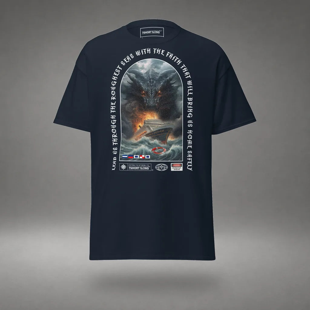 Sea Monster Cruise Ship Attack T-Shirt in Navy, front view, floating over a gray studio floor.