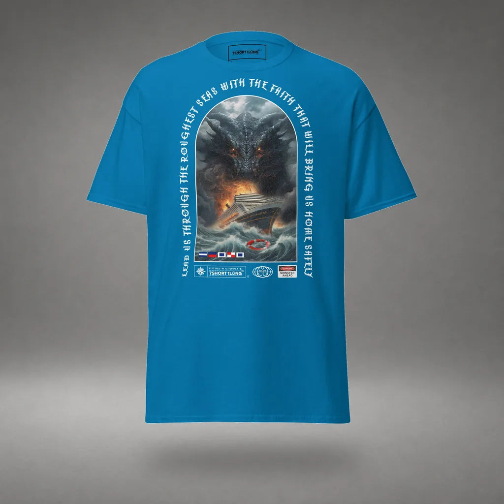 Sea Monster Cruise Ship Attack T-Shirt in Sapphire, front view, floating over a gray studio floor.