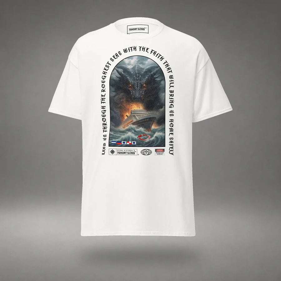 Sea Monster Cruise Ship Attack T-Shirt in White, front view, floating over a gray studio floor.